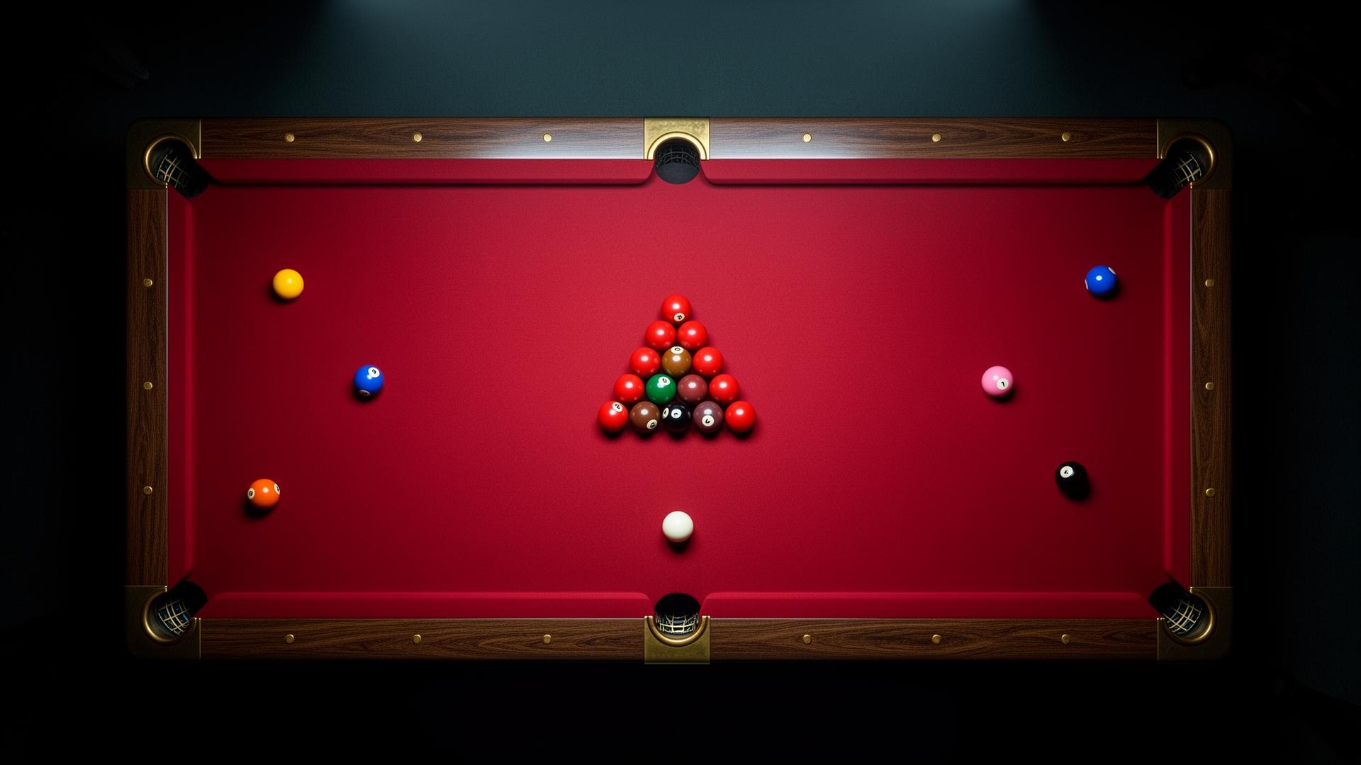 Top view of a snooker table with red cloth and balls